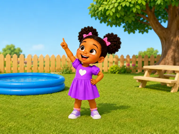 Zuzu pointing up, outside under a tree