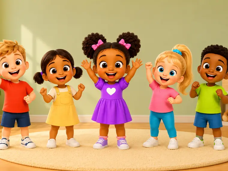 The children dancing together on the playroom rug