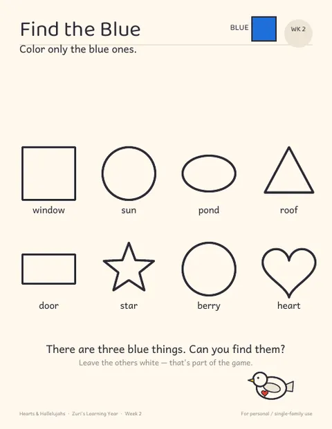 A page of shapes where only the blue ones get coloured in