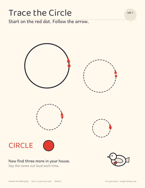A tracing page with circles and a red starting dot