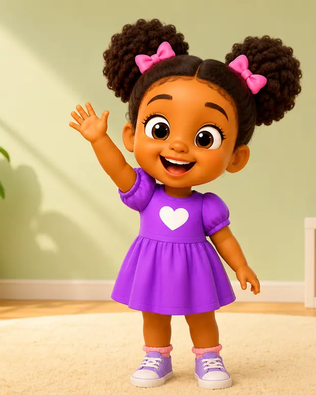 Zuzu waving, in a purple dress with a heart on it